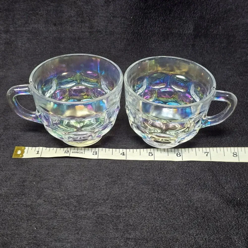 Vintage Federal Glass Iridescent Rainbow Glass Punch Teacups Pair of 2